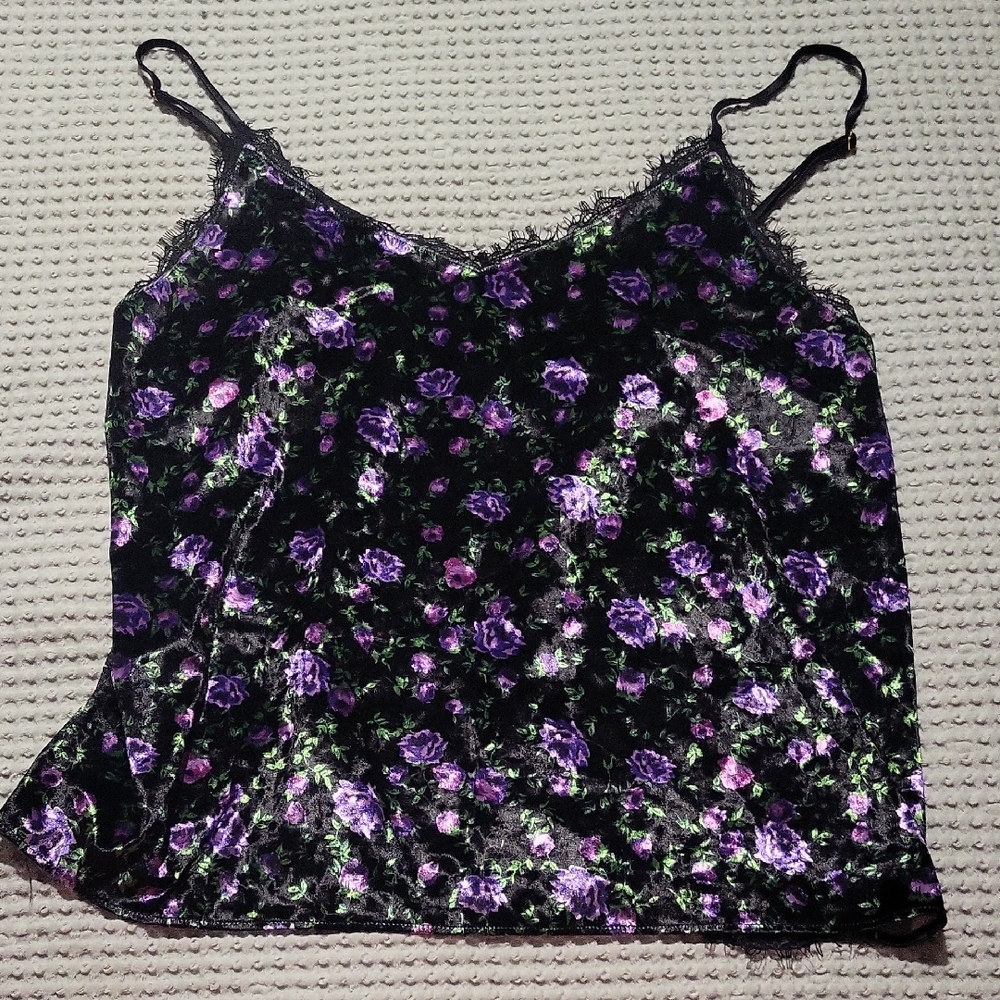 Victoria's Secret Black Satin Cami with Purple Floral Print